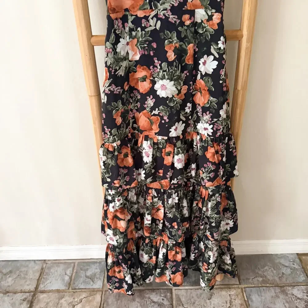Abercrombie & Fitch Ruffle Tiered Floral Maxi Dress Black Size XS